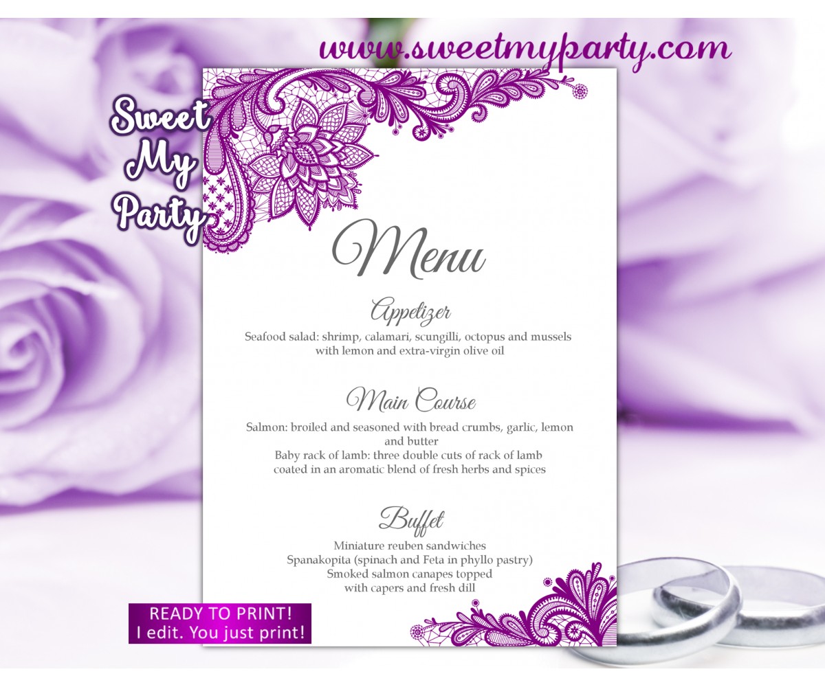 Purple menu card, Lace menu card,(115w)